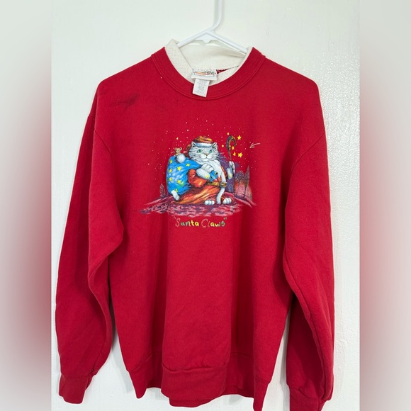 morning sun Sweaters - Vintage Morning Sun Santa Claws Cat Graphic Print Sweater Red Size Medium